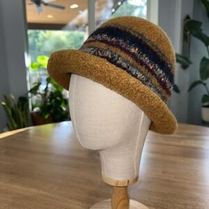 Handmade Felted Wool Cloche Hat Mustard Stripes Boho Winter Cozy artisan-crafted